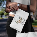 Personalized Birth Flower Volleyball Sports Theme Linen Wristlet Makeup Bag with Name and Number Birthday Gift for Women Volleyball Lovers