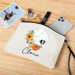 Personalized Birth Flower Volleyball Sports Theme Linen Wristlet Makeup Bag with Name and Number Birthday Gift for Women Volleyball Lovers