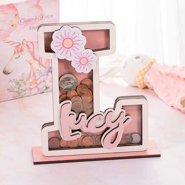 Personalized Cartoon Letter Piggy Bank with Clear Window and Name Nursery Decor Birthday Educational Gift for Boys Girls