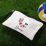Personalized Birth Flower Volleyball Sports Theme Linen Wristlet Makeup Bag with Name and Number Birthday Gift for Women Volleyball Lovers