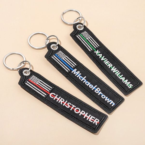 Personalized USA Flag Blue Red Green Line Keychain with Embroidered Name Birthday Christmas Gift for Police Firefighter Military