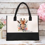Spersonalizowana duża płócienna torba z imieniem i wstążką Floral Giraffe Urodziny Akcesoria Podróżne Prezent dla kobiet