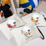 Personalized Birth Flower Volleyball Sports Theme Linen Wristlet Makeup Bag with Name and Number Birthday Gift for Women Volleyball Lovers