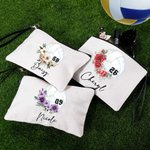 Personalized Birth Flower Volleyball Sports Theme Linen Wristlet Makeup Bag with Name and Number Birthday Gift for Women Volleyball Lovers