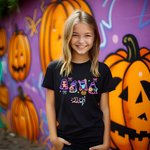 Maglietta personalizzata per bambini in 100% cotone con nome, disponibile in multicolore, regalo di Halloween per bambini e bambine.