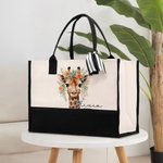 Spersonalizowana duża płócienna torba z imieniem i wstążką Floral Giraffe Urodziny Akcesoria Podróżne Prezent dla kobiet