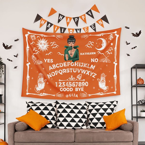 Personlig Ouija-bräda Häxa Design Gobeläng med namn Halloween Väggdekoration Present till familjen