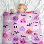 Personalized Cute Pumpkin Ghost Halloween Theme Pink Swaddle Blanket and Hat Set with Name Baby Shower Halloween Gift for Baby Girls