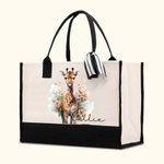 Spersonalizowana duża płócienna torba z imieniem i wstążką Floral Giraffe Urodziny Akcesoria Podróżne Prezent dla kobiet