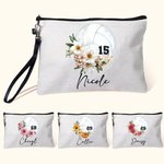 Personalized Birth Flower Volleyball Sports Theme Linen Wristlet Makeup Bag with Name and Number Birthday Gift for Women Volleyball Lovers