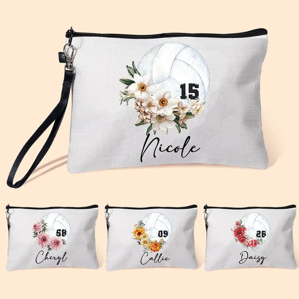 Personalized Birth Flower Volleyball Sports Theme Linen Wristlet Makeup Bag with Name and Number Birthday Gift for Women Volleyball Lovers