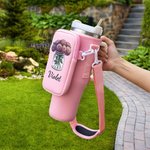 Personalized Vintage Birth Flower Water Bottle Carrier Bag with Strap Tumbler Accessories for 40oz Stanley Birthday Gift for Women