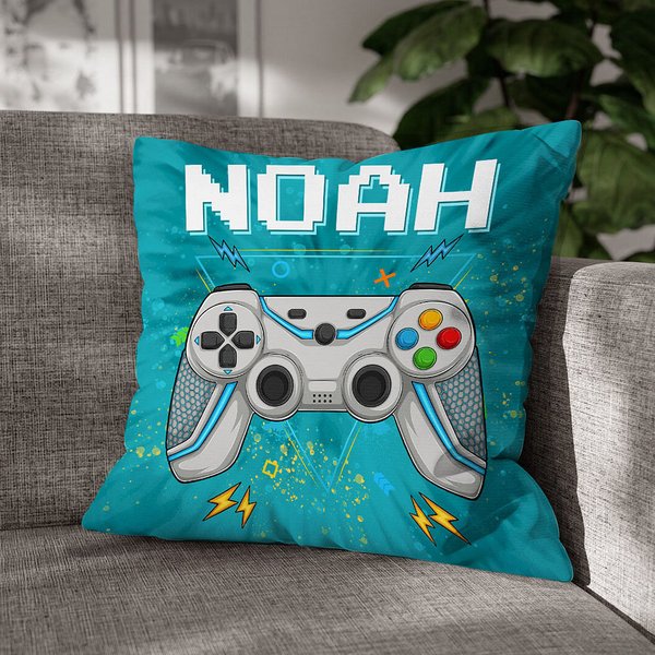 Personligt flerfärgat kuddfodral med Tie-dye-effekt för Gamepad med namn Spelelement Heminredning Födelsedagspresent för barn Spelälskare