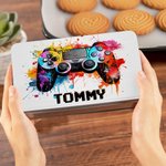Personlig Splash-Ink Gamepad Design Biscuit Tin Oppbevaringsboks med navn Bursdagsgave til barn som elsker spill