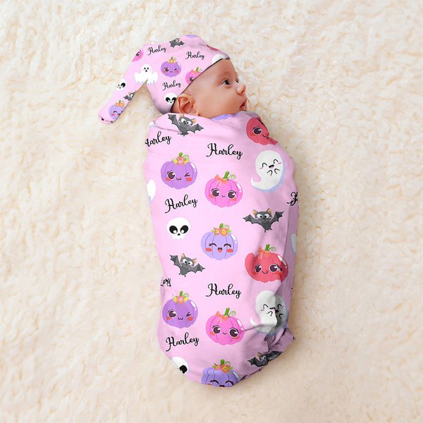 Personalized Cute Pumpkin Ghost Halloween Theme Pink Swaddle Blanket and Hat Set with Name Baby Shower Halloween Gift for Baby Girls