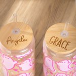 Personalised Cute Pink Ghost Glass Tumbler with Engraved Name Bamboo Lid and Straw Birthday Halloween Gift for Her