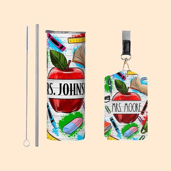 Gepersonaliseerde kleurrijke Apple krijt liniaal Food-Grade 20oz Skinny Tumbler en ID Badge houder met naam Waardering Terug naar School Gift voor Ler