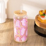 Personalised Cute Pink Ghost Glass Tumbler with Engraved Name Bamboo Lid and Straw Birthday Halloween Gift for Her