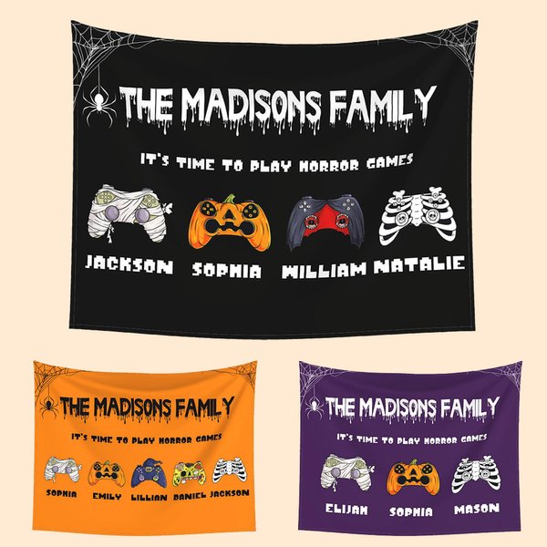 Personlig Spooky Pumpkin Vampire Zombie Skeleton Gamepad Tapestry med namn Väggdekor Halloween Present till familjen Videospelälskare