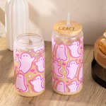 Personalised Cute Pink Ghost Glass Tumbler with Engraved Name Bamboo Lid and Straw Birthday Halloween Gift for Her