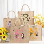 Personalised Birth Flower Bouquet Cute Cartoon Character Reusable Initial Tote Bag with Name Travel Essential Birthday Gift for Women Girls