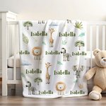 Couverture Personnalisée avec Nom Animaux de Jungle Girafe Éléphant Décoration de Chambre Cadeau Anniversaire Baby Shower pour Enfant Bébé