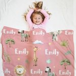 Couverture Personnalisée avec Nom Animaux de Jungle Girafe Éléphant Décoration de Chambre Cadeau Anniversaire Baby Shower pour Enfant Bébé