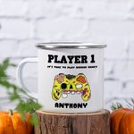 Esqueleto personalizado Vampiro Bruja Gamepad 12oz Esmalte Taza de café con nombre de Halloween Spooky Temporada de Regalo para Niños Amigos