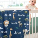 Couverture Personnalisée avec Nom Animaux de Jungle Girafe Éléphant Décoration de Chambre Cadeau Anniversaire Baby Shower pour Enfant Bébé