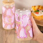 Personalised Cute Pink Ghost Glass Tumbler with Engraved Name Bamboo Lid and Straw Birthday Halloween Gift for Her