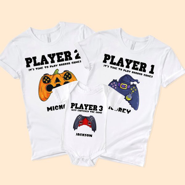 Personalized Spooky Pumpkin Witch Gamepad Design Family Matching Baby Bodysuit T-Shirt Sweatshirt with Name Halloween Gift for Game Lovers