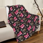 Personalized Gothic 3D Skulls Pink Coquette Bow Soft Throw Blanket with Name Home Decor Birthday Halloween Gift for Gothic Enthusiast