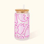 Personalised Cute Pink Ghost Glass Tumbler with Engraved Name Bamboo Lid and Straw Birthday Halloween Gift for Her