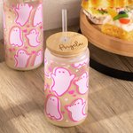 Personalised Cute Pink Ghost Glass Tumbler with Engraved Name Bamboo Lid and Straw Birthday Halloween Gift for Her
