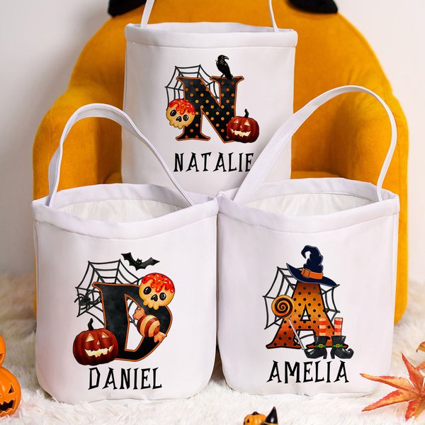 Personalizzato riutilizzabile Zucca dolcetto o scherzetto iniziale nome borsa con manico Candy Party Supplies Halloween regalo per i bambini