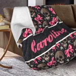 Personalized Gothic 3D Skulls Pink Coquette Bow Soft Throw Blanket with Name Home Decor Birthday Halloween Gift for Gothic Enthusiast