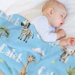 Couverture Personnalisée avec Nom Animaux de Jungle Girafe Éléphant Décoration de Chambre Cadeau Anniversaire Baby Shower pour Enfant Bébé