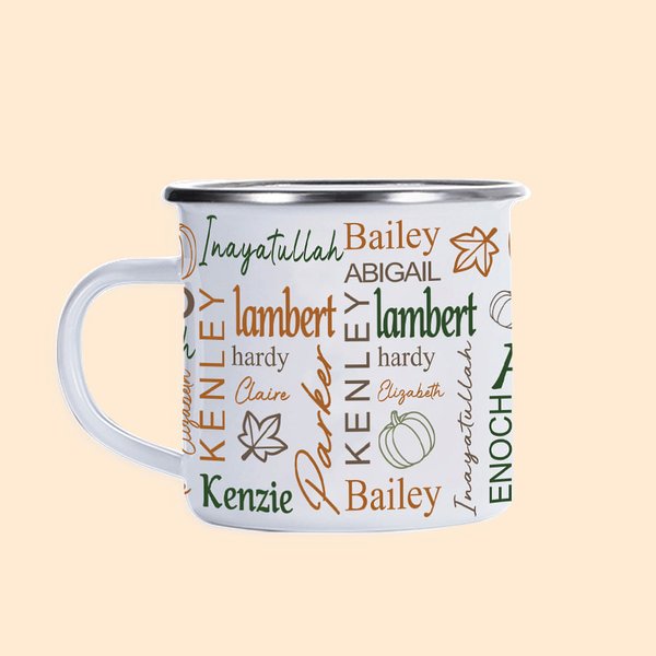 Taza esmaltada personalizada de 11oz con 1 - 15 nombres Halloween Camping Regalo para la familia
