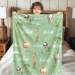Couverture Personnalisée avec Nom Animaux de Jungle Girafe Éléphant Décoration de Chambre Cadeau Anniversaire Baby Shower pour Enfant Bébé
