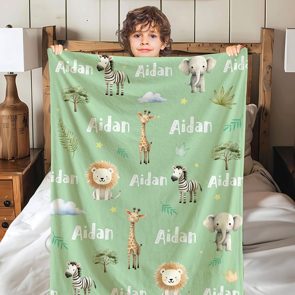 Couverture Personnalisée avec Nom Animaux de Jungle Girafe Éléphant Décoration de Chambre Cadeau Anniversaire Baby Shower pour Enfant Bébé