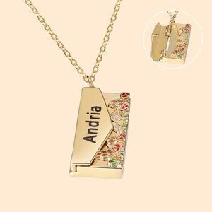 Personalized Hidden Secret Message Envelope Locket Necklace Colourful with Enamel Flowers Engraved Name Birthday Mother's Day Gift for Her