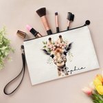 Personalised Watercolour Floral Giraffe Makeup Bag with Name and Wrist Strap Travel Accessory Daily Use Birthday Gift for Women