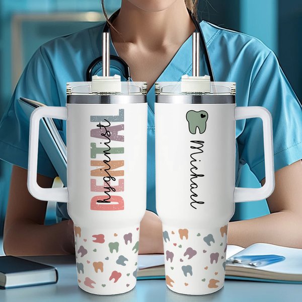 Personalised Dental Cute Teeth 40oz Name Tumbler with Lid Straw and Handle Graduation Appreciation Gift for Dental Staff Student