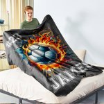 Personalized Flaming Basketball Football Sports Ball Design Soft Throw Blanket with Name and Number Birthday Match Day Gift for Team Ball Games Lovers