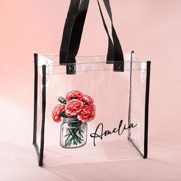 Bouquet de fleurs de naissance personnalisé dans un sac fourre-tout transparent avec nom Cadeau de mariage et d'anniversaire pour les femmes