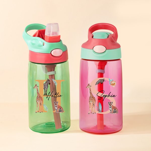 Henkilökohtainen söpö Jungle Animal 16oz nimi vesipullo silikoni olki ja kahva syntymäpäivä takaisin kouluun lahja lapsille pojat tytöt