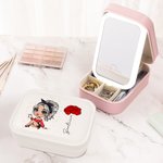 Personalized Cartoon Fashion Girl Birth Flower Leather Jewellery Box with Name and LED Three-colour Adjustable Makeup Mirror Birthday Gift for Women