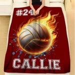 Personalized Flaming Basketball Football Sports Ball Design Soft Throw Blanket with Name and Number Birthday Match Day Gift for Team Ball Games Lovers