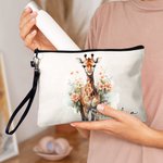 Personalised Watercolour Floral Giraffe Makeup Bag with Name and Wrist Strap Travel Accessory Daily Use Birthday Gift for Women