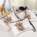 Personalised Watercolour Floral Giraffe Makeup Bag with Name and Wrist Strap Travel Accessory Daily Use Birthday Gift for Women